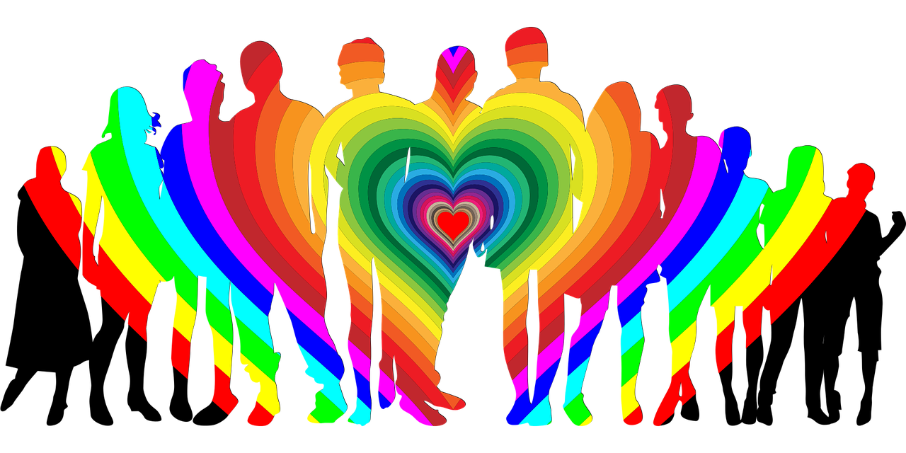"Family" is a powerful and flexible word with many meanings. This graphic is several family members standing next to each other, with rainbow colored heart filling them.